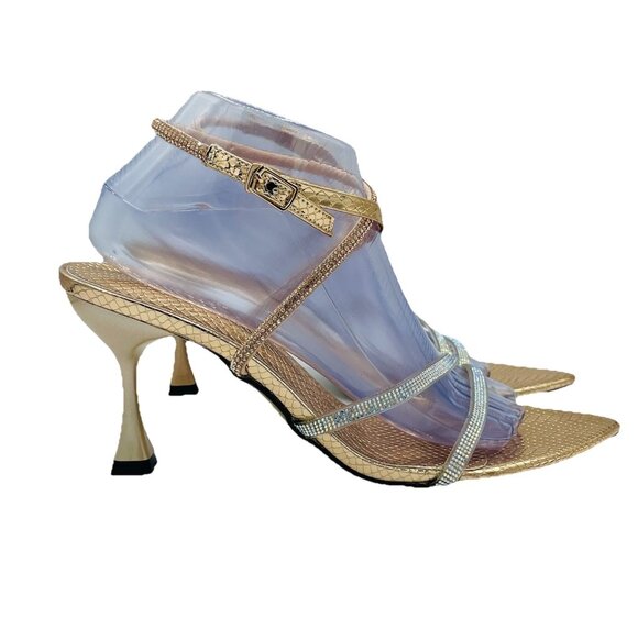 Heels Womens Size 10 Sandals Strappy Rhinestones Metallic Ankle Strap Cute Shiny - Picture 1 of 13